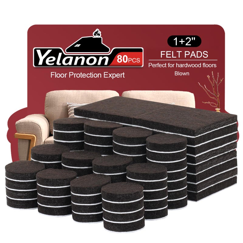 Yelanon Felt Furniture Pads for Hardwood Floors -80 Pcs Premium Felt Pads for Chair Legs, Floor Protectors for Furniture, Brown - Image 1